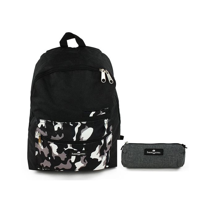 Faber Castell Bundle of School Backpack & Pencil Case - Black & Grey Camouflage