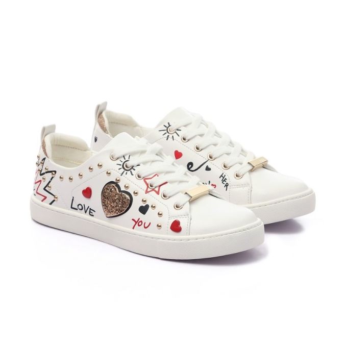 ALDO Love Glittery Heart White Sneakers With Some Gold Studdes 