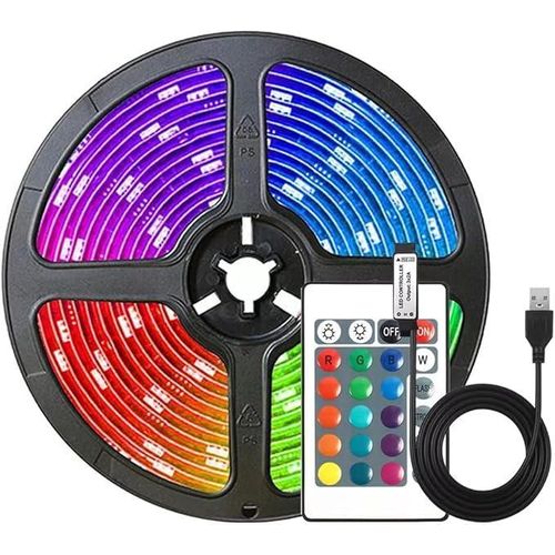5m RGB LED strip light with USB port and 24-button remote control – 16 color-changing and dimmable options – High-brightness 5050 LEDs, flexible and cuttable – Ideal decorative lighting for TVs and bedrooms