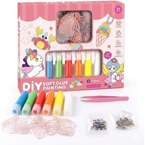 DIY Soft Glue Painting Keychain Craft Kit – All-in-One Mosaic Art Studio with 8 Transparent Molds, 6 Bright Paint Colors, Sparkling Gems, and Chains – Creative Screen-Free Activity for Kids Ages 3+ (Assorted Themes)