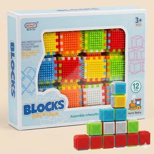 Children's building blocks with silicone edges, 12 large blocks (72 pieces), assemblable in multiple colors, for ages 3 and up.