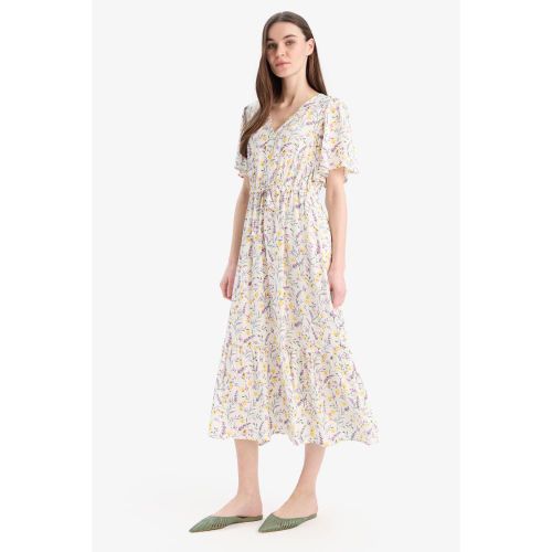 Woman Tiered Short Sleeve Woven Dress - LT.YELLOW