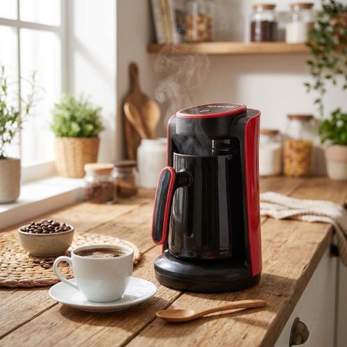 Automatic Greek & Turkish Coffee Machine with Overflow Prevention System, 4-5 Cup Capacity, One-Touch Operation, Detachable Pot, Red and Black