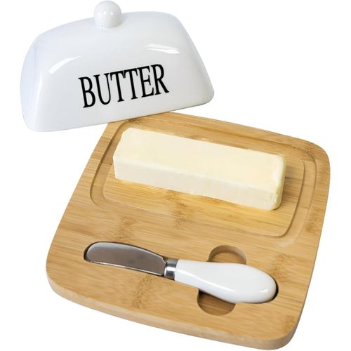 Porcelain butter dish with a bamboo wooden base and stainless steel knife