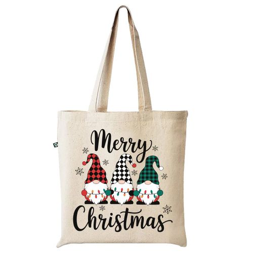 White Christmas tote bag Beige High quality 100% linen handbag with distinctive design and shapes, multi-use (travel/lecture/club/work) Merry Christmas with 3 Gnomes