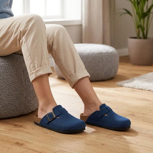 Comfortable closed-toe Mules Seude with side buckle SF-72-NAVYBLUE