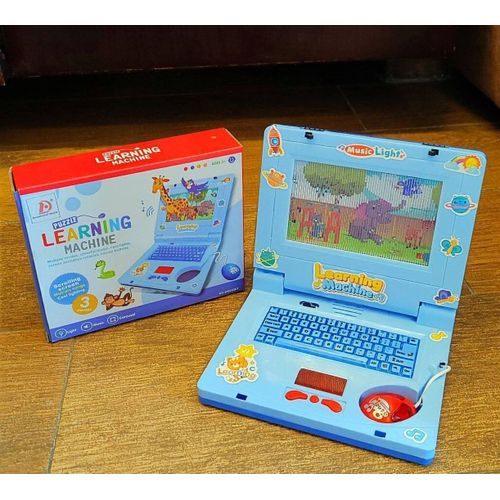 A new laptop for kidsIt makes sounds, lights up, plays songs, and comes with a small mouse. It has two buttons to turn the laptop on and a power button. The screen has a scrolling strip with animate