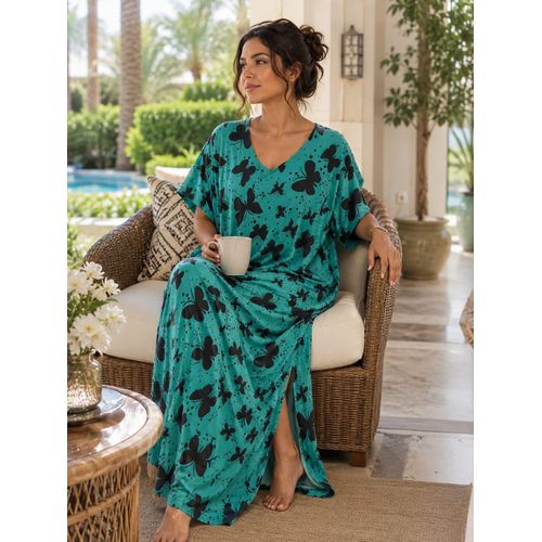 Women's Butterfly Print V-Neck Kaftan Maxi Dress – Loose Fit Lounge & Homewear