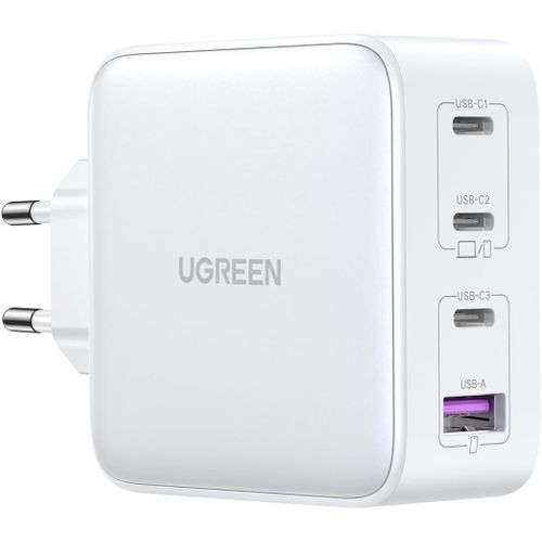 100W GaN Wall Charger 4-Port Fast Charging 3x USB-C 1x USB-A Power Delivery Adapter for Laptops and Phones White
