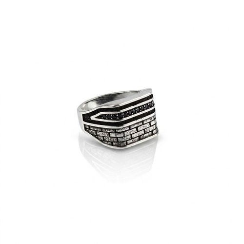 Men's 925 Sterling Silver Ring – Italian Band with Black Zircon Stones & Textured Brick Pattern