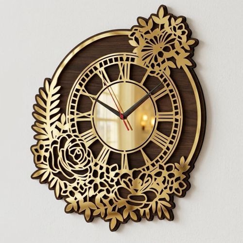 Modern Decorative Wooden Wall Clock, Elegant Floral Design with Luxury Gold Touch, Large Size for Home, Salon, Office, Easy to Install, Modern Wall Piece to Add a Sophisticated Touch to Your Place