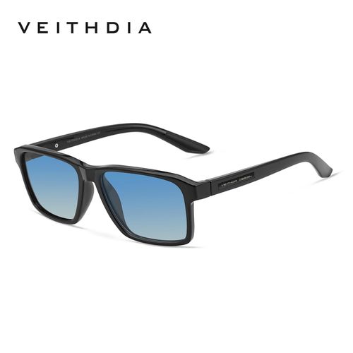 Rectangular Polarized Sunglasses, Black Frame, Gradient Blue Lenses, Classic Casual Style