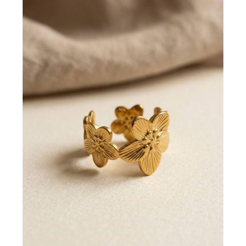 Women's Golden Lotus Flower Band Ring - Featuring Intricately Engraved Blossoms with a Sophisticated Matte Finish - Adjustable Open Design for a Nature-Inspired and Elegant Look.