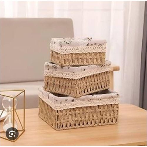 3-Piece Woven Rattan Basket Set with Linen Lid - Stylish Storage Organizer for Clothes and Household Items