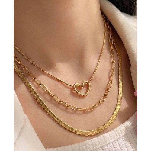 Stainless Steel 3-Layer Hollow Heart Pendant Necklace (Chic Gold/Silver Tarnish-Free Multi-Chain)
