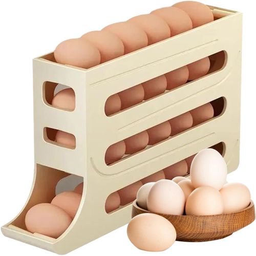 4 Tiers Rolling Egg Holder for Fridge - Dispenser Automatically Rolling Storage Container - Space Saving Tray Organizer for Refrigerator Kitchen Countertop Holding 30 Eggs (White)