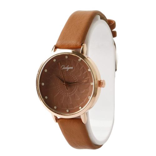Elegant Women’s Brown Watch with Leather Strap, Patterned Dial and Sparkling Markers