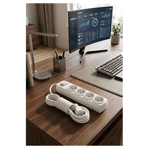 Turkish 4-outlet power strip - 5-meter heavy-duty cable - equipped with a safety switch (white)
