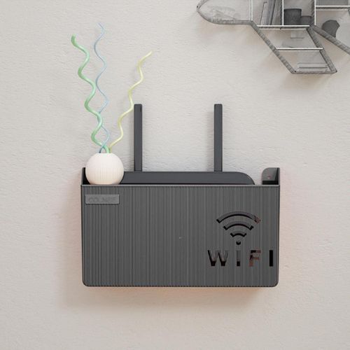 Wall Rack for WiFi Router and TV Box, Plastic Router Holder Shelf with Easy Install Adhesive and Screws, Space Saving Organizer for Home Entertainment Devices – Black