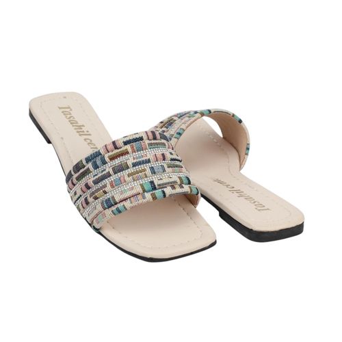 Women's Flat Slippers Leather And Fabric