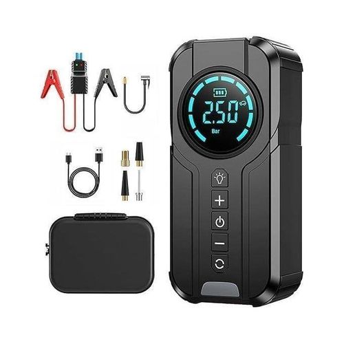 Portable plastic car air compressor – 4-in-1 emergency device with a 6000mAh battery, including a storage bag for accessories.