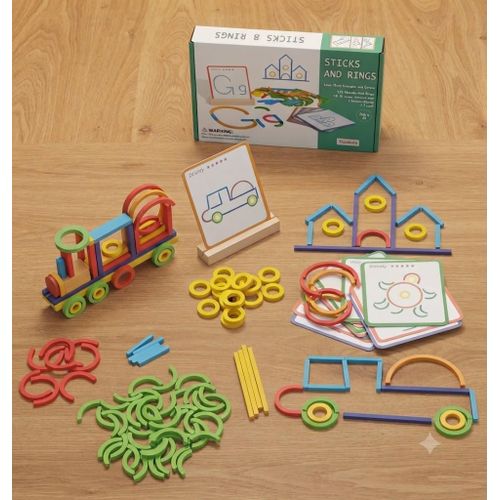 Treehole Educational Montessori Wooden Sticks and Rings Pattern Building Blocks Set for Shape and Color Recognition