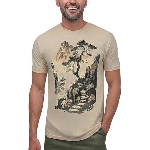 Men's Graphic T-Shirt, Sand Beige, Japanese Mountain Landscape Print, Short Sleeve, Casual Style