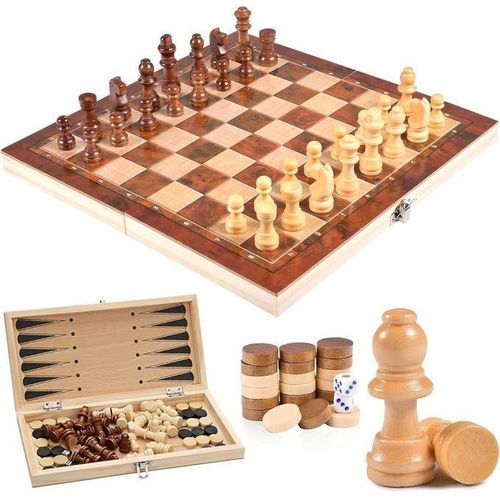 3-in-1 Wooden Chess Set – Medium Size Multi-Functional Folding Wooden Chess Table Game – Includes Chess, Checkers & Backgammon – Portable Strategy Board for Adults & Kids Ages 4+ – Durable, Educational & Travel-Friendly