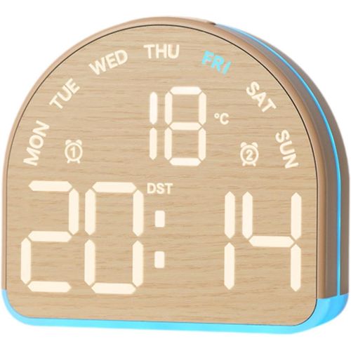 Modern arched wooden design LED digital desk clock - dual alarm, blue ambient light, temperature display, date, and day of the week with DST function