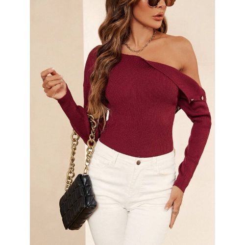 سويتر SHEIN كلاسي بفتحة رقبة غير متماثلة مع تفاصيل الأزرار