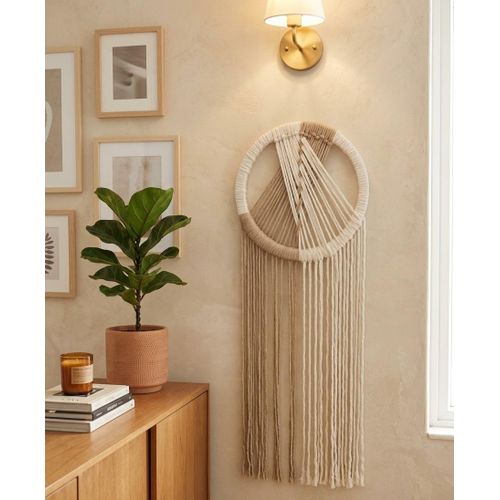 Handmade Round Macrame Wall Hanging (30x85 cm) - Boho Chic Woven Wall Decor for Living Room, Bedroom, and Home Styling - Beige & White