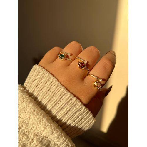 Gold-Plated Stainless Steel Tulip Flower Open Ring with Zircon & Pearl Accent (Adjustable Size)