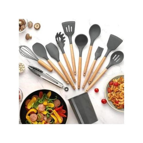 طقم ادوات توزيع سيليكون للمطبخ مستورد ، 12 قطعة من ادوات الطهي مصنوعة من السيليكون، مجموعة تشمل حامل طقم التوزيع، تصميم مضاد للالتصاق والخدوش، ادوات مطبخ بمقابض خشبية لاواني الطهي (لون رمادي)