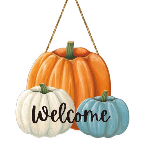 Fall Door Decor White Orange Blue Pumpkin Wall Decor Welcome Sign Wooden Front Door Hanger Pumpkin Hanging Sign for Harvest Farmhouse Thanksgiving Indoor Home Decorations