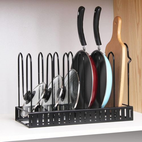 Sturdy Pot Rack - Five-shelf adjustable stand that comes apart for versatile setup, keeps the cookware neatly in place, reduces clattering lids, and preserves a chic kitchen vibe.