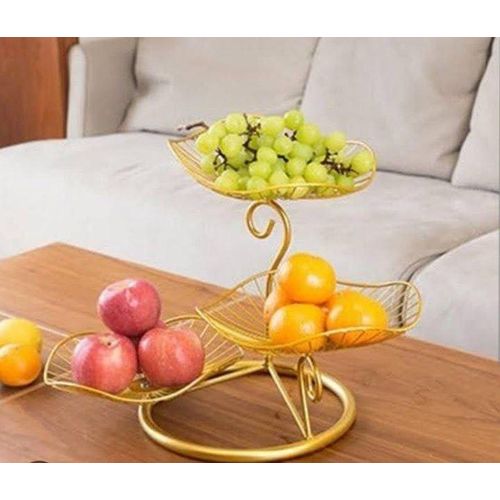 2-Tier Golden Metal Fruit Basket Stand Decorative Leaf Design