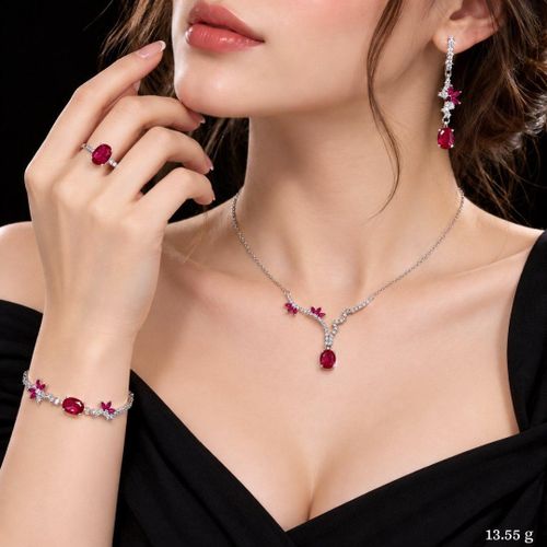 925 Italian Sterling Silver Jewelry Set with Ruby Red Stones & Zircon (Necklace, Bracelet, Ring & Earrings)