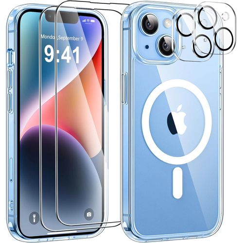 Magnetic Case for iPhone 14 with 2 Tempered Glass and 2 Protective Camera, Compatible with MagSafe Back Anti-Scratch Case Shockproof TPU Bumper Case for iPhone 14 6.1 inch-Transparent