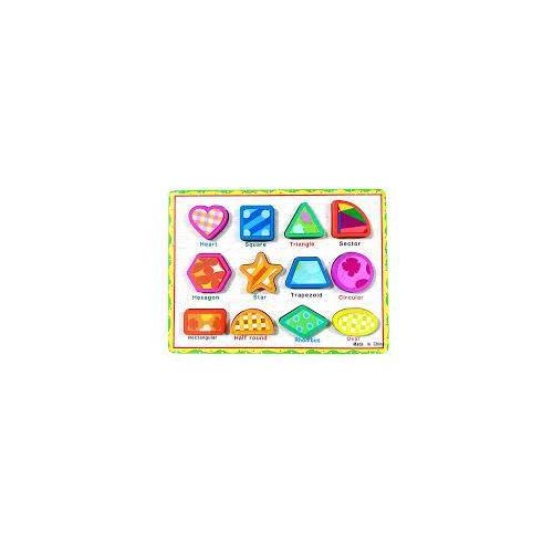 A three-dimensional puzzle that includes 12 different geometric shapes, including (triangle, square, heart, star, hexagon, trapezoid, circle, and other shapes)
