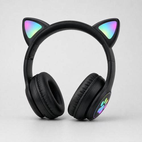 STN-28 Wireless Cat Ear Bluetooth Headphones with LED Light, AUX Input, TF Card Support & Built-in Microphone - Black