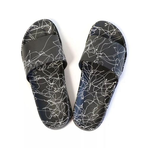 Slippers Men Thong Medical Leather Comfortable Elastic Black with White Stripes - Spider Shape