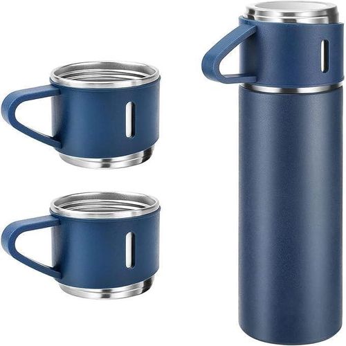A stylish and attractive 500ml vacuum-insulated stainless steel thermos with three glass lids, perfect for hot and cold beverages and coffee (blue color) from Maki Store.