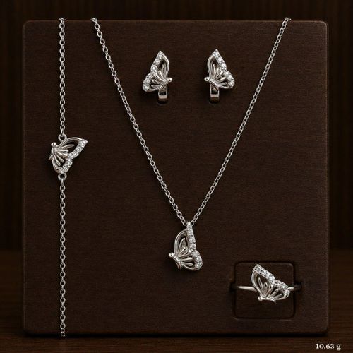 Dainty 925 Sterling Silver Italian Jewelry Set (Necklace, Earrings, Bracelet & Adjustable Ring) - Elegant Butterfly Design.