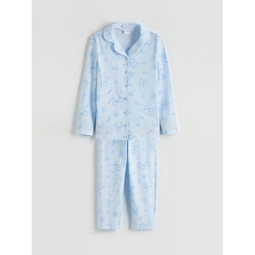 Collared Neck Bow Patterned Girl's Pyjamas Set