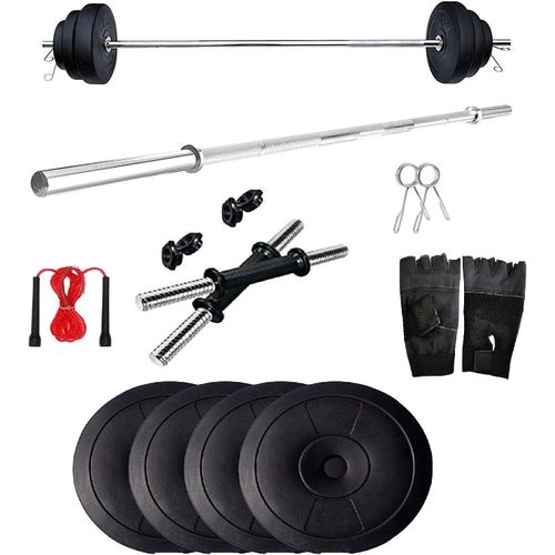 Home Gym with 10 Kg. P.V.C Weight Plates (2.5 Kg. X 4 10 Kg.), Dumbell Rods, Straight Rod, Pull Bar, Gym Gloves & Skipping Rope for Fitness, Weight Lifting, Muscles Building, & Body Shaping