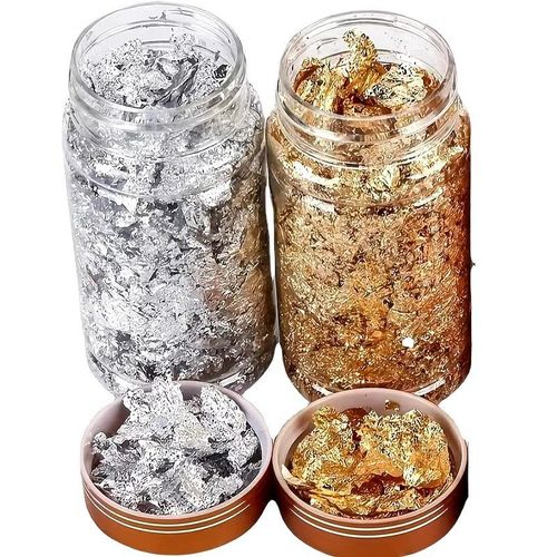Professional Gold & Silver Foil Flakes Set - Metallic Leaf Flakes for Nail Art Decoration, Resin Crafts, Painting, and DIY Nail Styling (2 Jars)