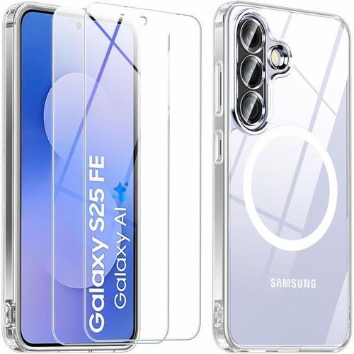 Magnetic case for Samsung Galaxy S25 FE with 2X screen protector, compatible with MagSafe, slim polycarbonate shockproof phone case for Samsung S 25 FE 5G protection.