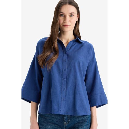 Woman Shirt Neck Regular Fit Long Sleeve Shirt - Blue