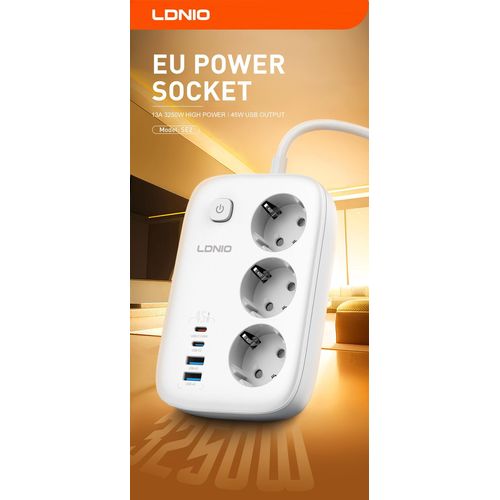 SE2 Power Strip EU 3 Socket 4 Port USB C A 3250W 45W Fast Charging Power Socket Extension Cord 2M Cable Surge Protection Smart IC Power Station