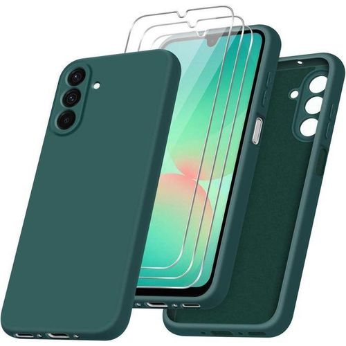Case for Samsung Galaxy A17 / A26 5G with 3 Tempered Glass Screen Protectors, Green Soft TPU Silicone Case Cover for Samsung Galaxy A17 / A26 5G